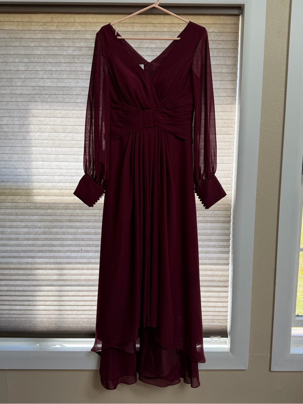 JJs House Burgundy Long Sleeve V-Neck Evening Dress
